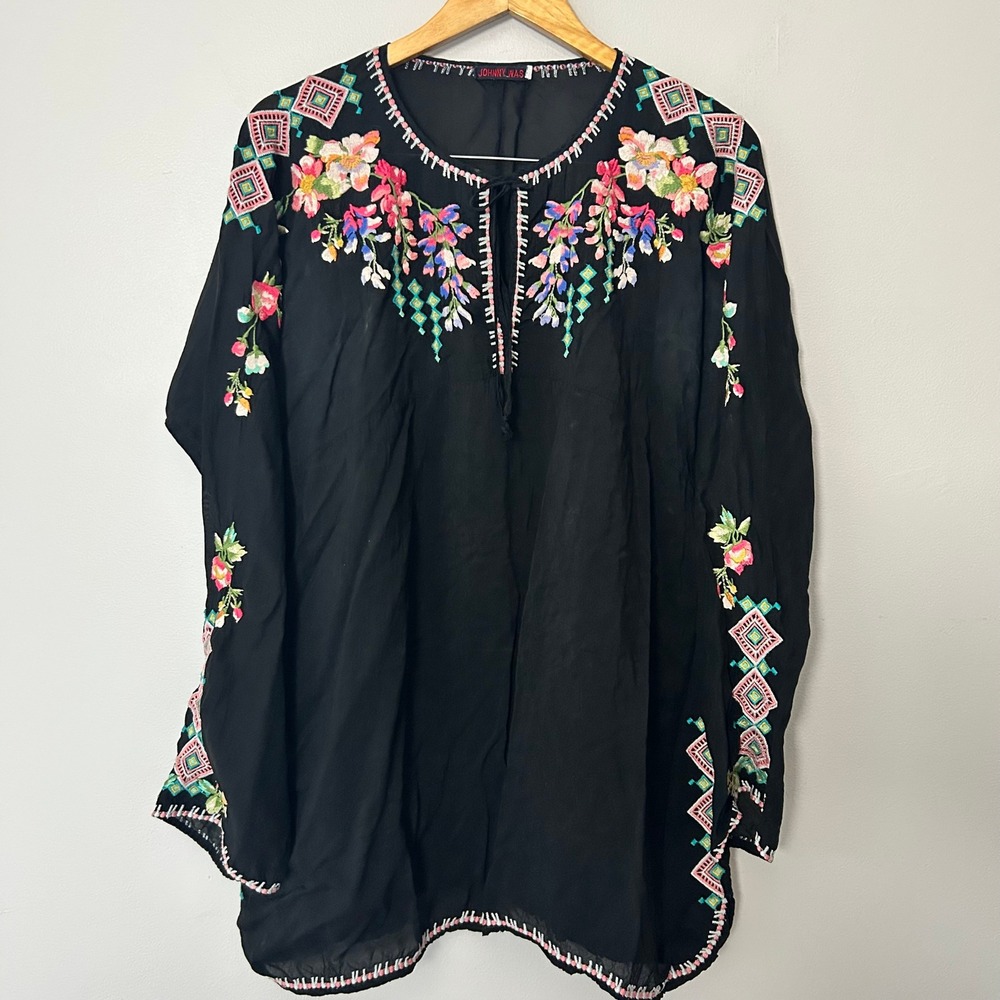 Johnny Was Tunic Womens XXL Black Floral Embroidered Split Neck Boho Blouse